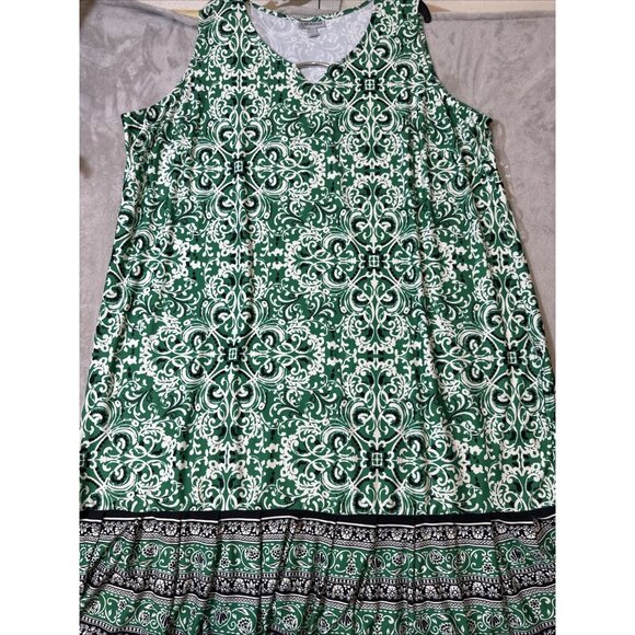 Catherines 3X Green White Sleeveless Dress Plus Size Boho Print Border Hem - Picture 5 of 10